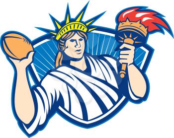Illustration of statue of liberty throwing American football rugby ball holding torch on isolated white background.