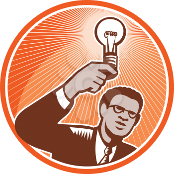 Illustration of a businessman facing front holding up a lightbulb light bulb incandescent lamp light done in retro woodcut style set inside circle.