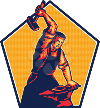 Illustration of a blacksmith worker with sledgehammer striking at anvil done in retro style.