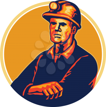Illustration of a coal miner wearing hardhat arms folded facing front set inside circle done in retro style.