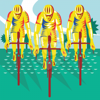 Illustration of a cyclist riding racing bicycle cycling front view done in retro woodcut style.