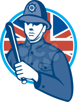 Illustration of a British London bobby police officer policeman man wielding truncheon or baton also called cosh, billystick, billy club, nightstick, sap, stick set inside circle with Union Jack flag 