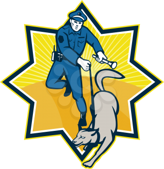 Illustration of a policeman police officer with trained police guard dog canine team viewed from front set inside star shape done in retro style.