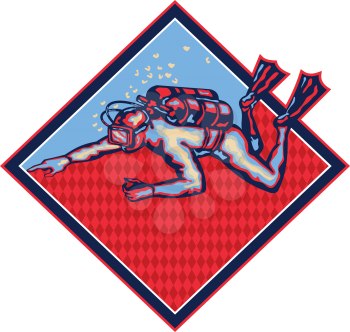 Illustration of a scuba diver diving swimming pointing set inside diamond shape done in retro style.