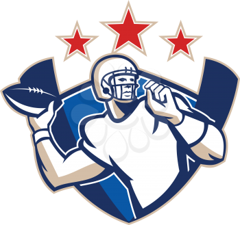 Illustration of an american football gridiron quarterback player throwing ball facing side set inside crest shield with stars and stripes flag done in retro style.