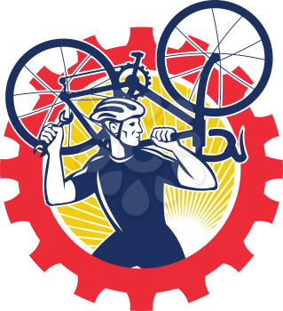 Illustration of a cyclist bicycle mechanic carrying racing bike on shoulder holding spanner wrench looking to side set inside cog mechanical gear sprocket done in retro style.