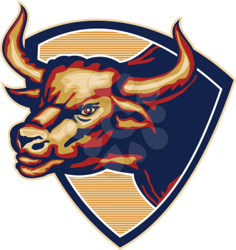 Illustration of an angry raging bull head facing to side set inside crest shield done in retro style.