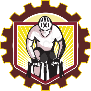 Illustration of a cyclist riding racing bicycle cycling front view done in retro style set inside sprocket gear cog on isolated white background.