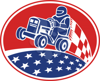Illustration of an American driver riding ride on lawn mower racing set inside oval with checkered racing flag and stars done in retro style.