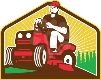 Illustration of retro style male gardener riding ride on lawn mower done in retro style.