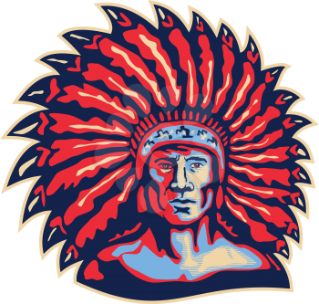 Illustration of a native american indian chief viewed from front done in retro style on isolated white background.