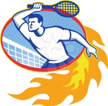 Illustration of a tennis player holding racquet set inside oval with fiery fire flames on isolated background done in retro style.