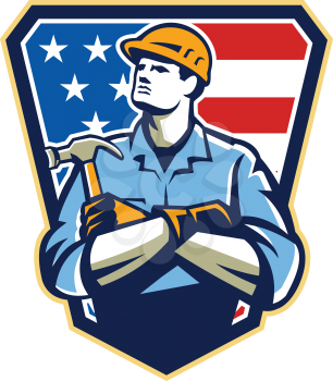 Illustration of an american carpenter builder holding hammer looking up set inside shield great with stars and stripes flag in background. 

