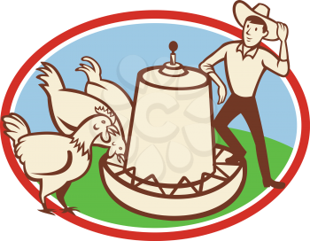 Illustration of a group of hen chicken feeding on feeder bowl with male farmer set inside oval done in cartoon style.