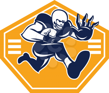 Illustration of an american football gridiron running back player running with ball facing front fending putting out a stiff arm set inside shield done in retro style.