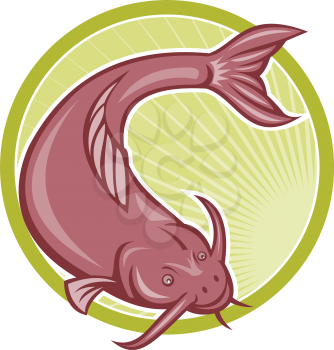 Illustration of a catfish diving down set inside circle done in cartoon style.