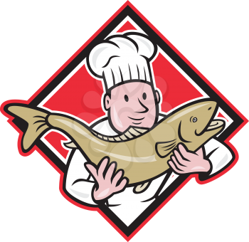 Illustration of a chef cook handling holding up a trout salmon fish facing front set inside diamond shape done in cartoon style.