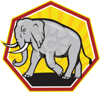 Illustration of an elephant walking charging viewed from side set inside hexagon shape on isolated white background.