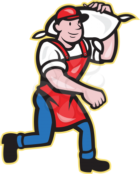 Illustration of a flour miller worker wearing apron bib carrying flour sack on shoulder walking on isolated white background in cartoon style.