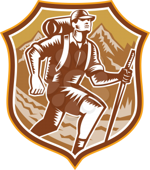 Illustration of a male hiker hiking walking holding staff with river and mountains in background set inside shield crest done in retro woodcut style.