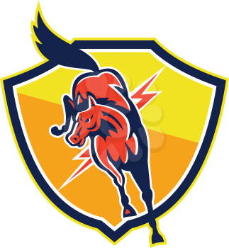 Illustration of a red horse jumping with lightning bolt set inside crest shield on isolated white background done in retro style.