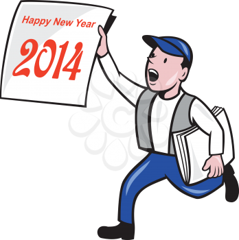 Illustration of a newspaper boy wearing cap selling, shouting and showing a paper sign with words Happy New Year 2014 which is the year of the horse done in cartoon style on isolated white background.