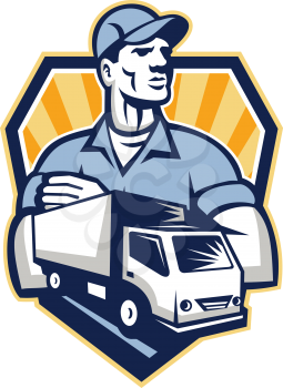 Illustration of a removal man delivery guy with moving truck van in the foreground set inside shield crest done in retro style.