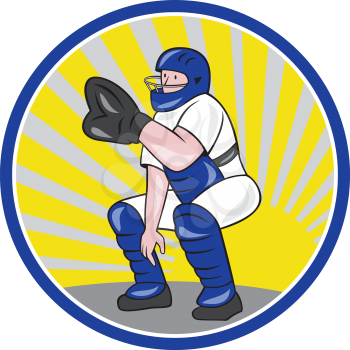 Illustration of a baseball catcher catching squatting facing front done cartoon style isolated on white background set inside circle