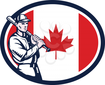 Illustration of a Canadian baseball player batter hitter holding bat on shoulder set inside oval shape with Canada maple leaf flag done in retro woodcut style isolated on white background.