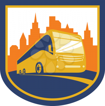 Illustration of a tourist coach bus shuttle viewed from low angle with city buildings in background set inside shield crest done in retro style on isolated background.
