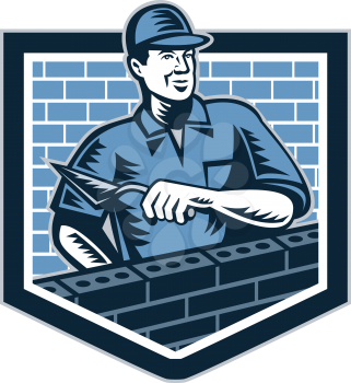 Illustration of a brick layer tiler plasterer mason masonry construction worker with trowel done in retro style. 