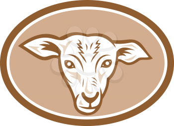 Illustration of a sheep lamb head facing front set inside oval done in cartoon style on isolated background.