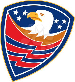Illustration of an american bald eagle head with american stars and stripes set inside a shield crest done in retro style.