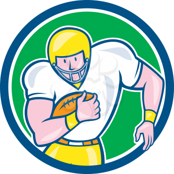 Illustration of an american football gridiron player fullback holding ball viewed from front set inside circle on isolated background done in cartoon style.