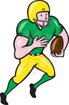 Illustration of an american football gridiron wide receiver player running with ball on isolated white background done in cartoon style. 