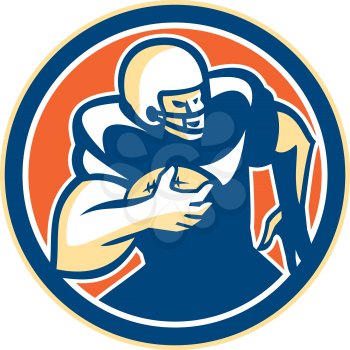 Illustration of an american football gridiron player holding ball running rushing set inside circle on isolated background done in retro style. 