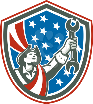 Illustration of an american mechanic patriot holding wrench spanner set inside shiekld with usa stars and stripes in the background done in retro style.
