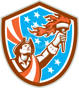 Illustration of an American Patriot holding a flaming torch looking up set inside shield crest with USA stars and stripes flag in the background done in retro style. 