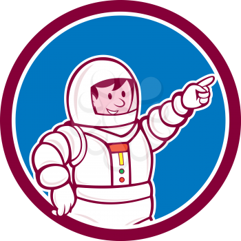 Illustration of an astronaut pointing facing front set inside circle on isolated background done in cartoon style