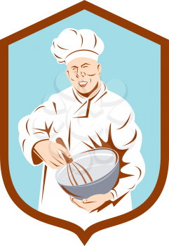 Illustration of a baker chef cook with hat holding a mixing bowl viewed from front set inside shield crest done in retro style on isolated background.