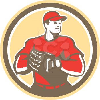 Illustration of a baseball catcher with gloves looking to the side set inside circle on isolated background done in retro style. 