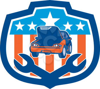 Illustration of a car being repaired with hood bonnet open and spanner set inside shield crest with american stars and stripes in the background done in retro style. 