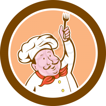 Illustration of a chef cook holding fork set inside circle on isolated background done in cartoon style. 