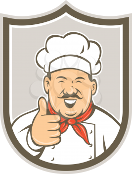 Illustration of a chef cook looking happy smiling with thumbs up set inside shield crest on isolated background done in retro style.