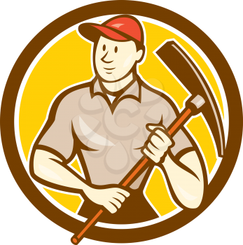 Illustration of a construction worker wearing hat holding pickaxe set inside circle on isolated background done in cartoon style. 