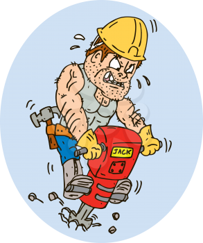 Illustration of a construction worker with jack hammer pneumatic drill drilling excavation work on isolated white background done in cartoon style. 