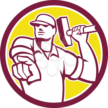 Illustration of a demolition worker pointing holding hammer set inside circle on isolated background done in retro style.