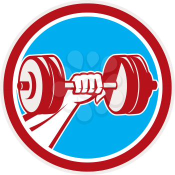 Illustration of a hand fist lifting dumbbell weight training viewed from the front set inside circle done in retro style.