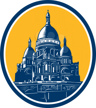 Illustration of the Dome of the Basilica of the Sacred Heart of Paris, commonly known as Sacre Coeur Basilica set inside oval done in retro woodcut style.