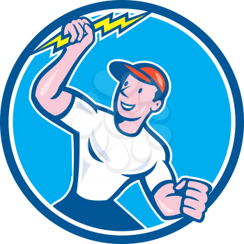Illustration of an electrician construction worker standing holding a lightning bolt looking to the side set inside circle done in cartoon style on isolated background.